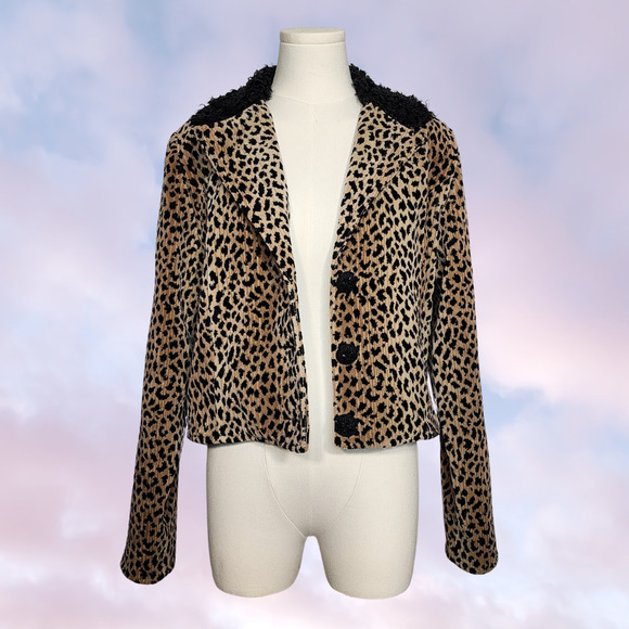 Vtg 90s Leopard Print Tan Black Boho Western Tapestry Fuzzy Faux Fur Jacket Sz M - Picture 2 of 9